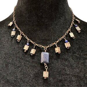 Handcrafted Gold-Tone Chain Necklace With Blue Stone & Textured Bead Dangles